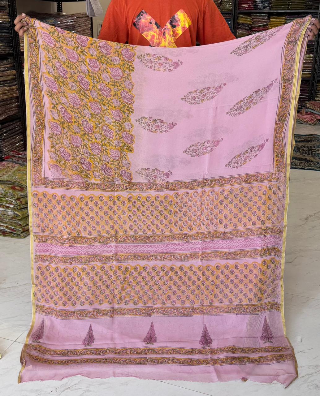 Signature Pigment Handblock Pure Chiffon Saree