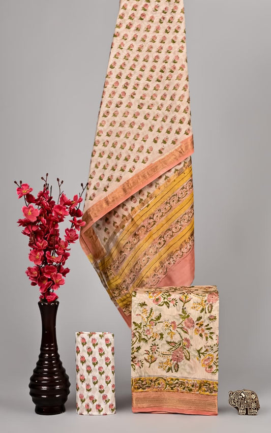 Pure Maheshwari Silk Suit Traditional Sanganeri Buti Design