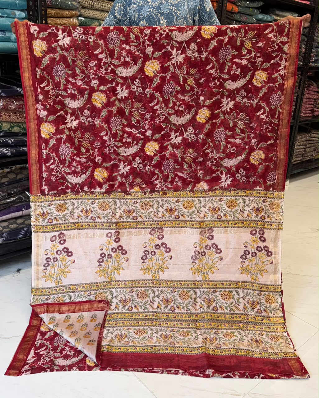 Pure Maheshwari Silk Saree Sanganeri Handblock Print Traditional Floral