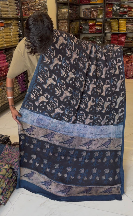 Pure Modal Silk Saree Pomegranate Dye Classic Ajrakh Jaal