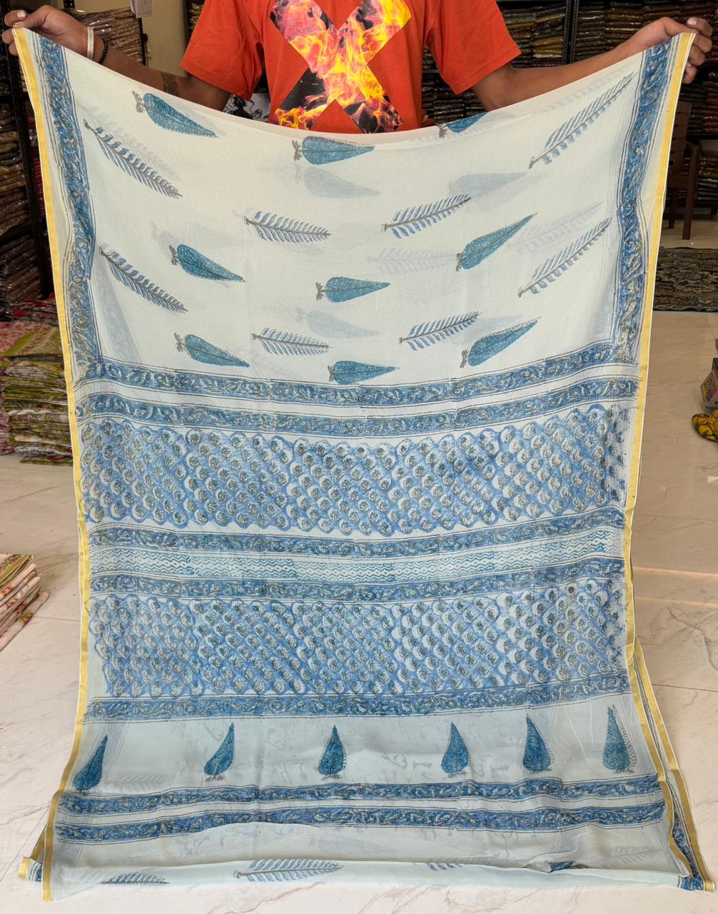 Elegant Pigment Handblock Print Chiffon Weave Saree