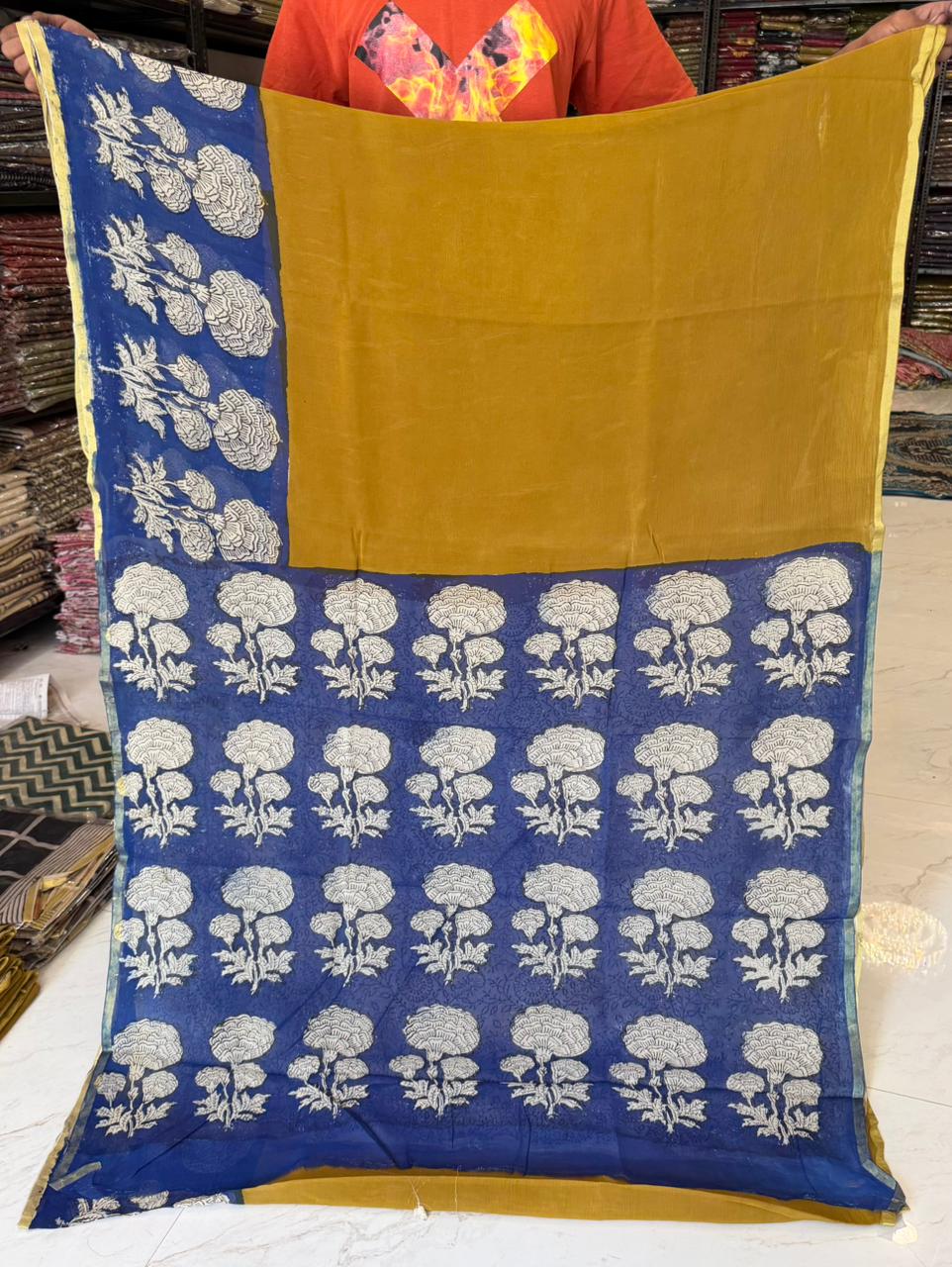 Royal Bagru Handblock Print Double Diamond Chiffon Saree