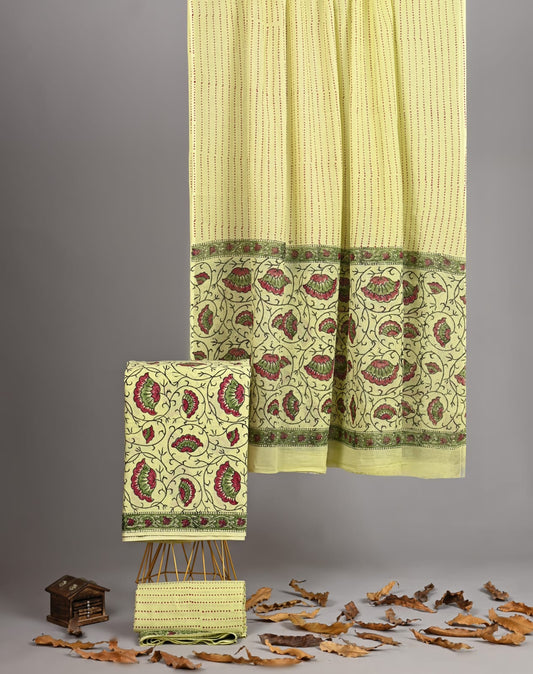 Off White Rose Cotton Suit Bagru Print