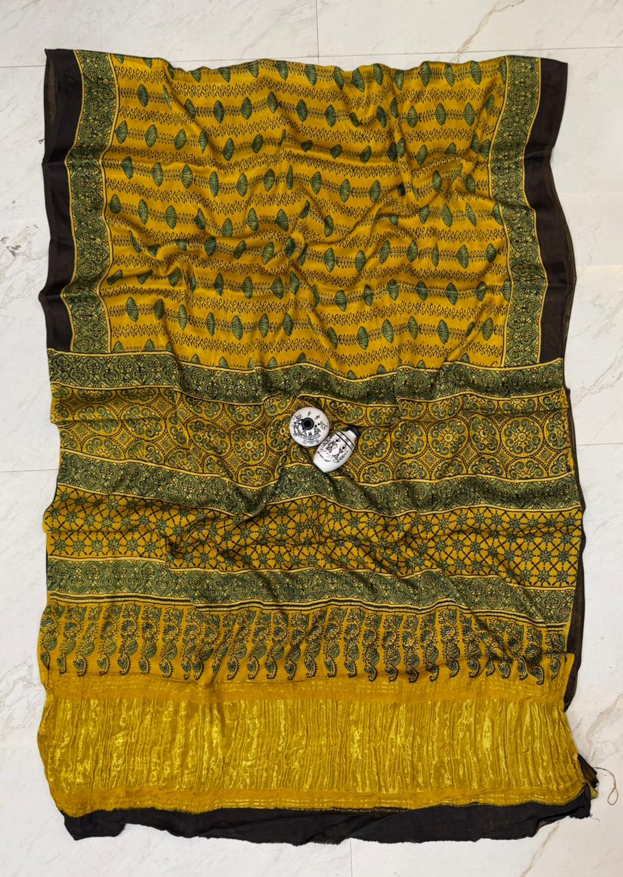 Refined Kutch Bhuj Ajrakh Print Pure Gajji Silk Drape