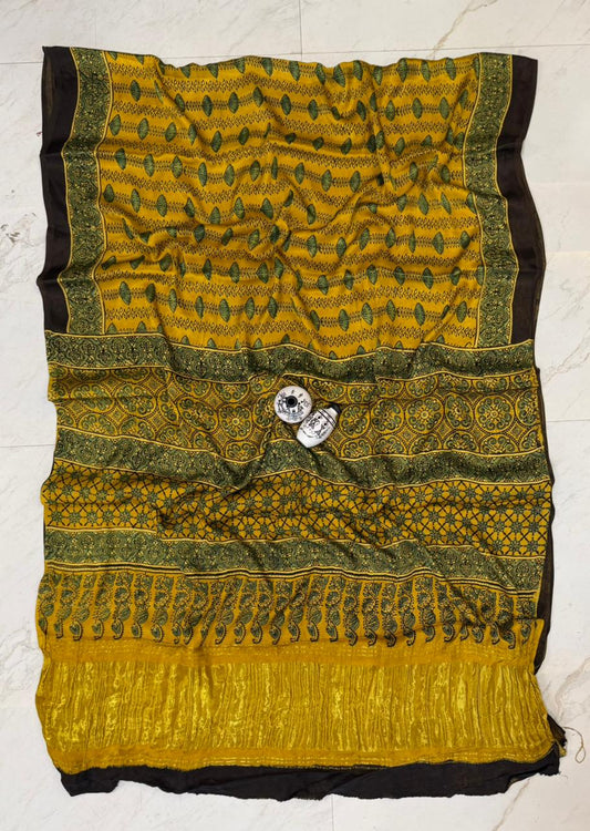 Refined Kutch Bhuj Ajrakh Print Pure Gajji Silk Drape