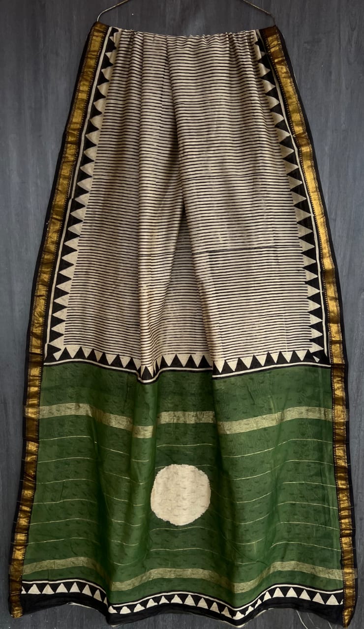 Heritage Bagru Handblock Printed Pure Maheshwari Silk Saree