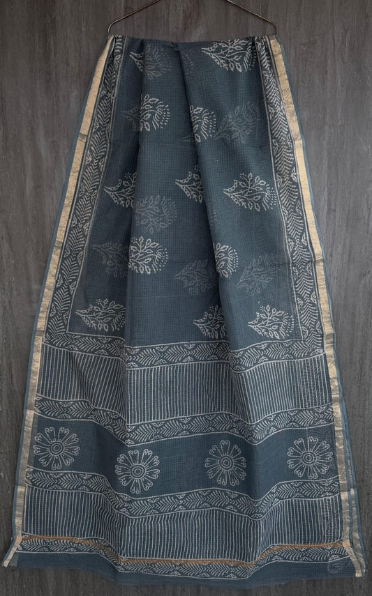 Gray Discharge Print Pure Kota Doria Saree
