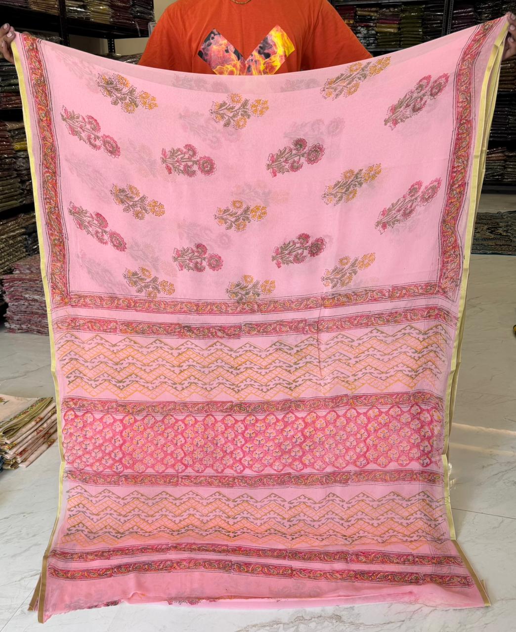 Heritage Pigment Handblock Printed Pure Double Diamond Chiffon Saree