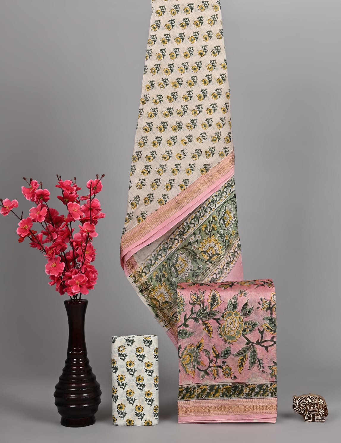 Pure Maheshwari Silk Suit Elegant Sanganeri Border Design