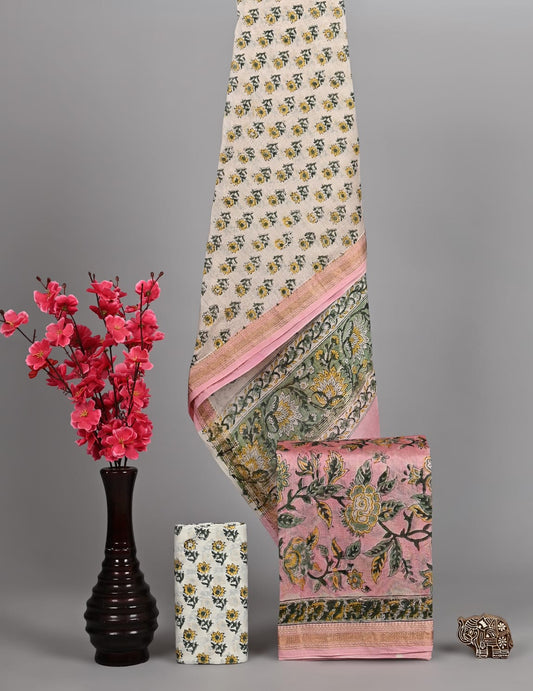 Pure Maheshwari Silk Suit Elegant Sanganeri Border Design