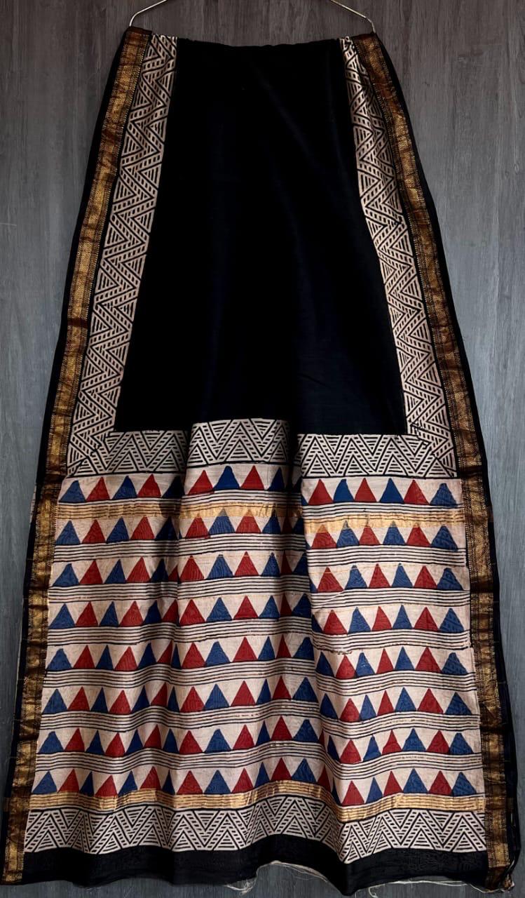 Refined Bagru Printed Pure Maheshwari Silk Heritage Saree