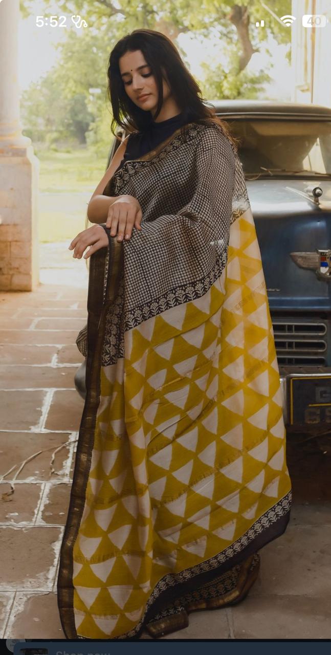 Elegant Bagru Motif Maheshwari Silk Weave