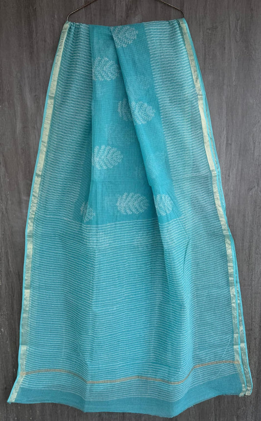 Sky Blue Discharge Print Pure Kota Doria Saree