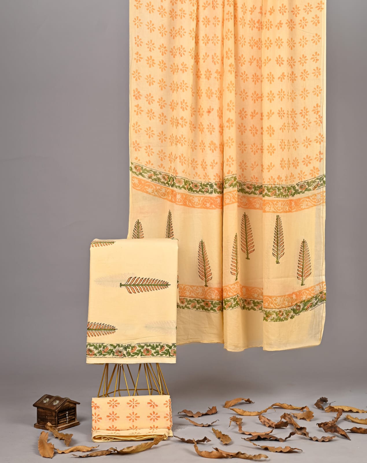 Beige Handblock Floral Cotton Suit