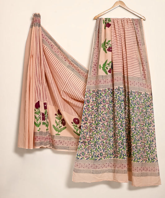 Pure Cotton Handblock Print Saree Graceful Leaf