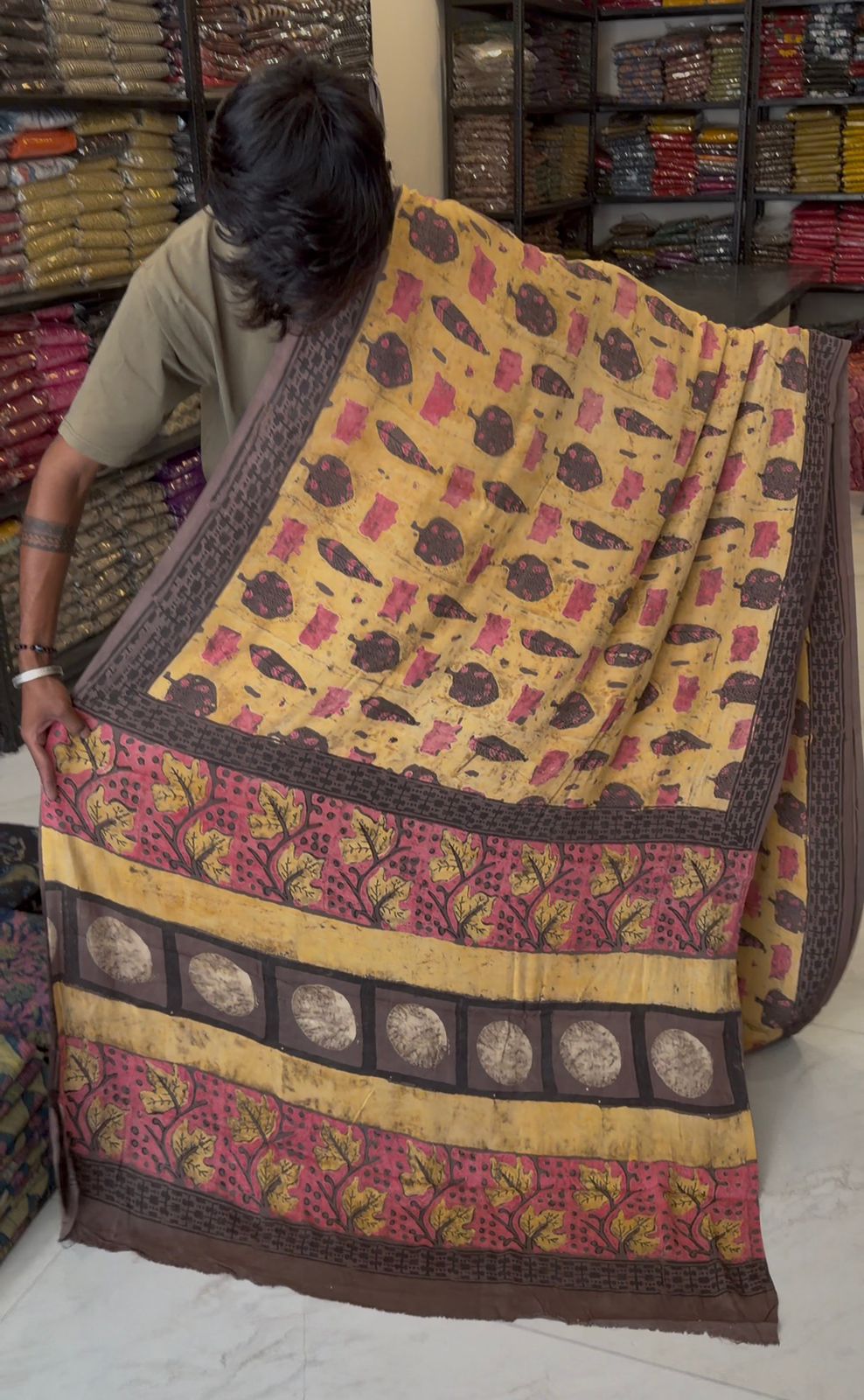 Pure Modal Silk Saree Pomegranate Dye Handcrafted Ajrakh Motif