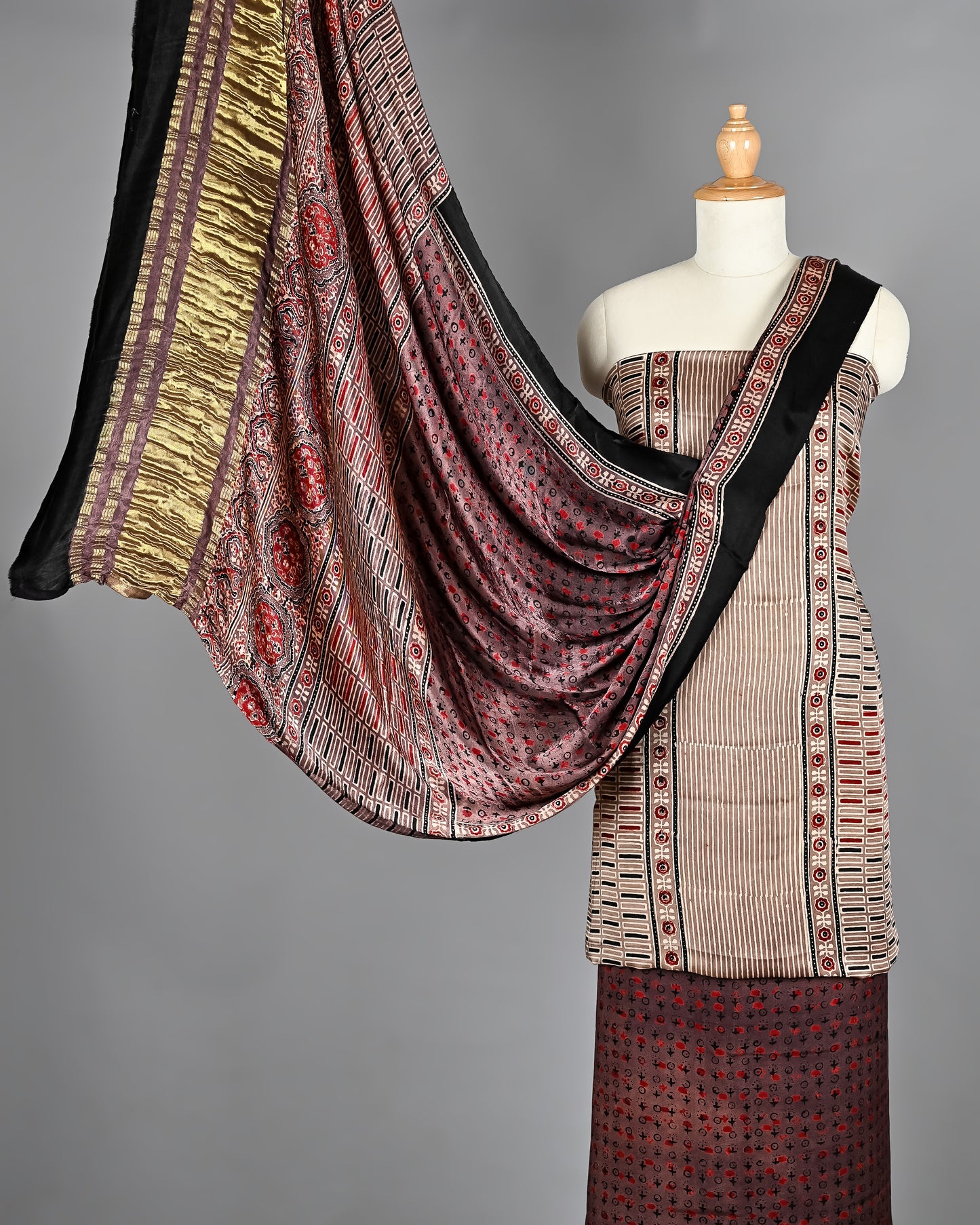 Designer Ajrakh Hand Block Modal Silk Suit