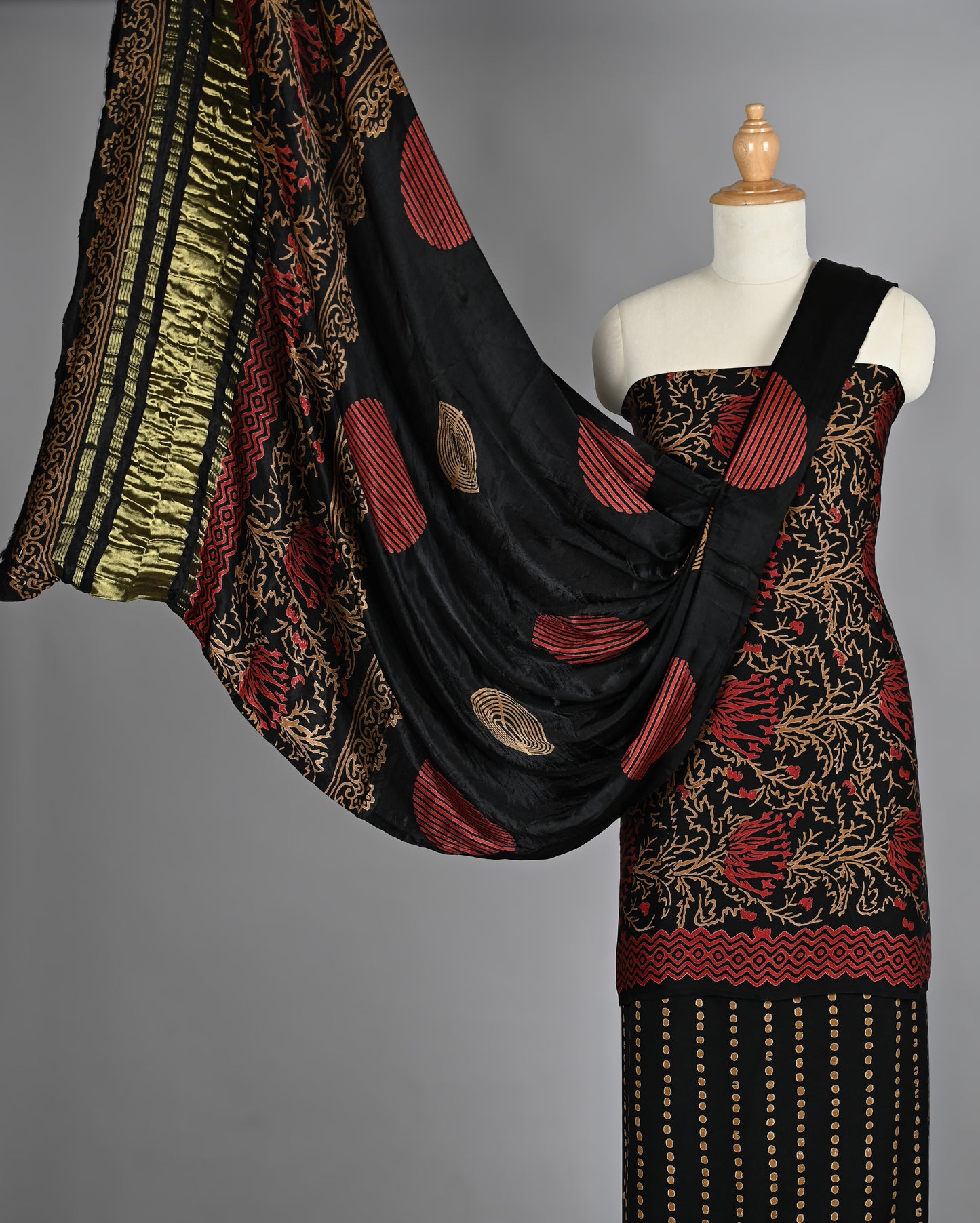 Black Red Ajrakh Modal Silk Suit