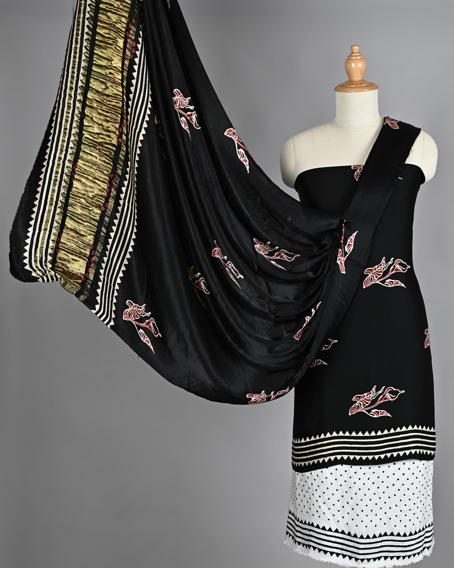 Black White Traditional Modal Silk Suit