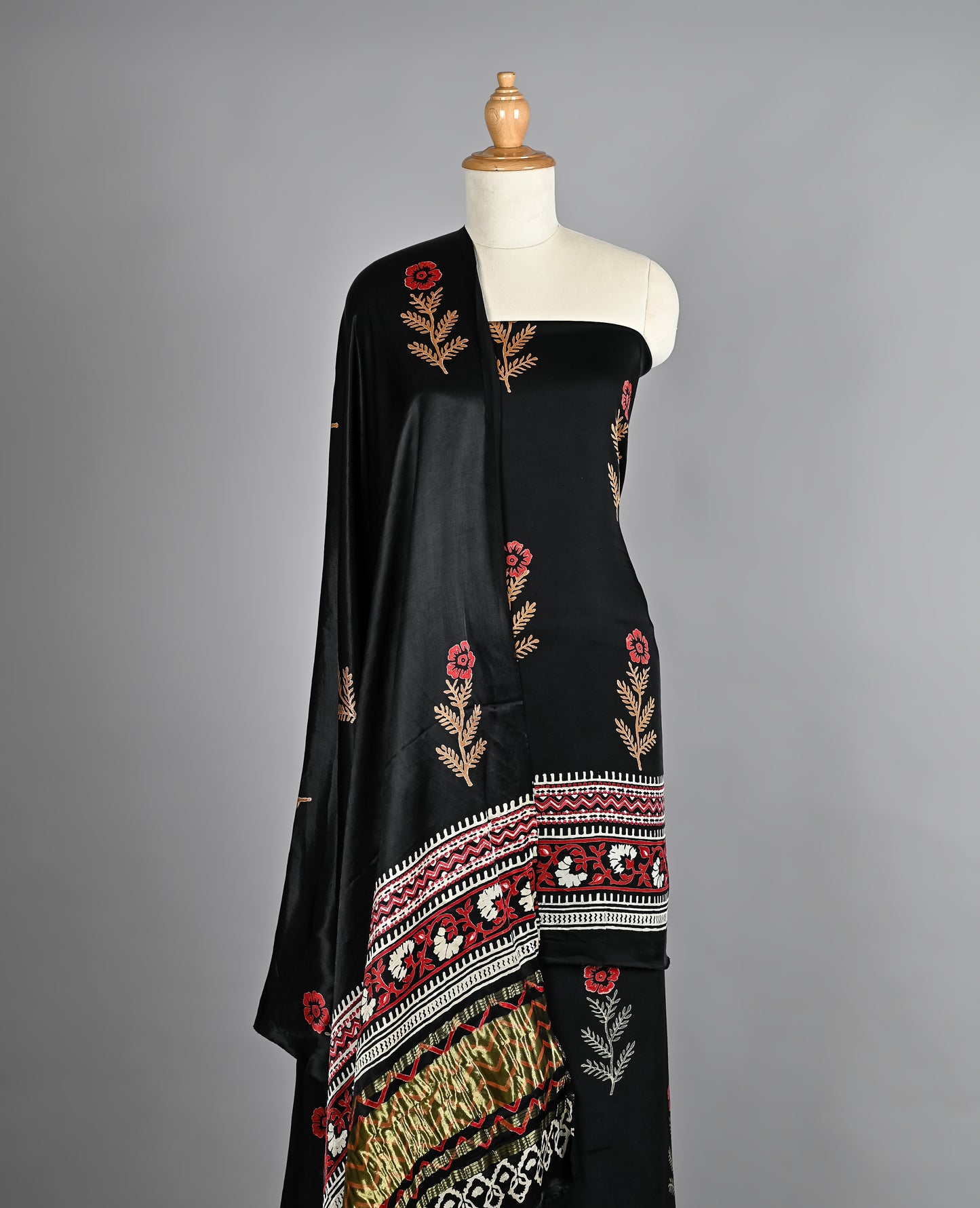 Black Red Golden Ajrakh Modal silk suit