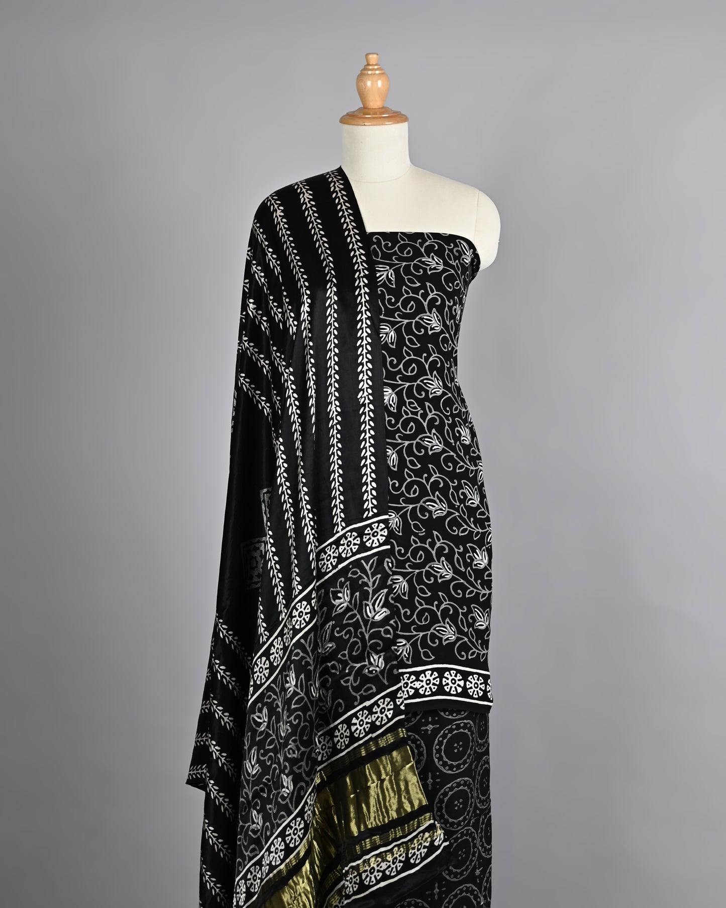 Black and White Ethnic Modal Silk Suit