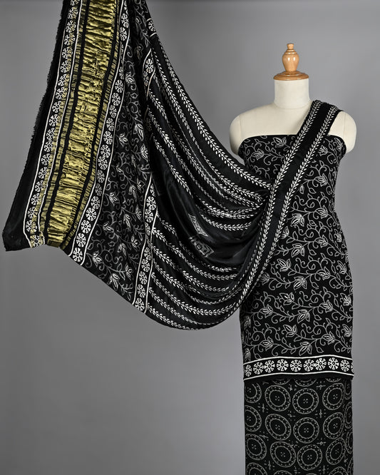Black and White Ethnic Modal Silk Suit