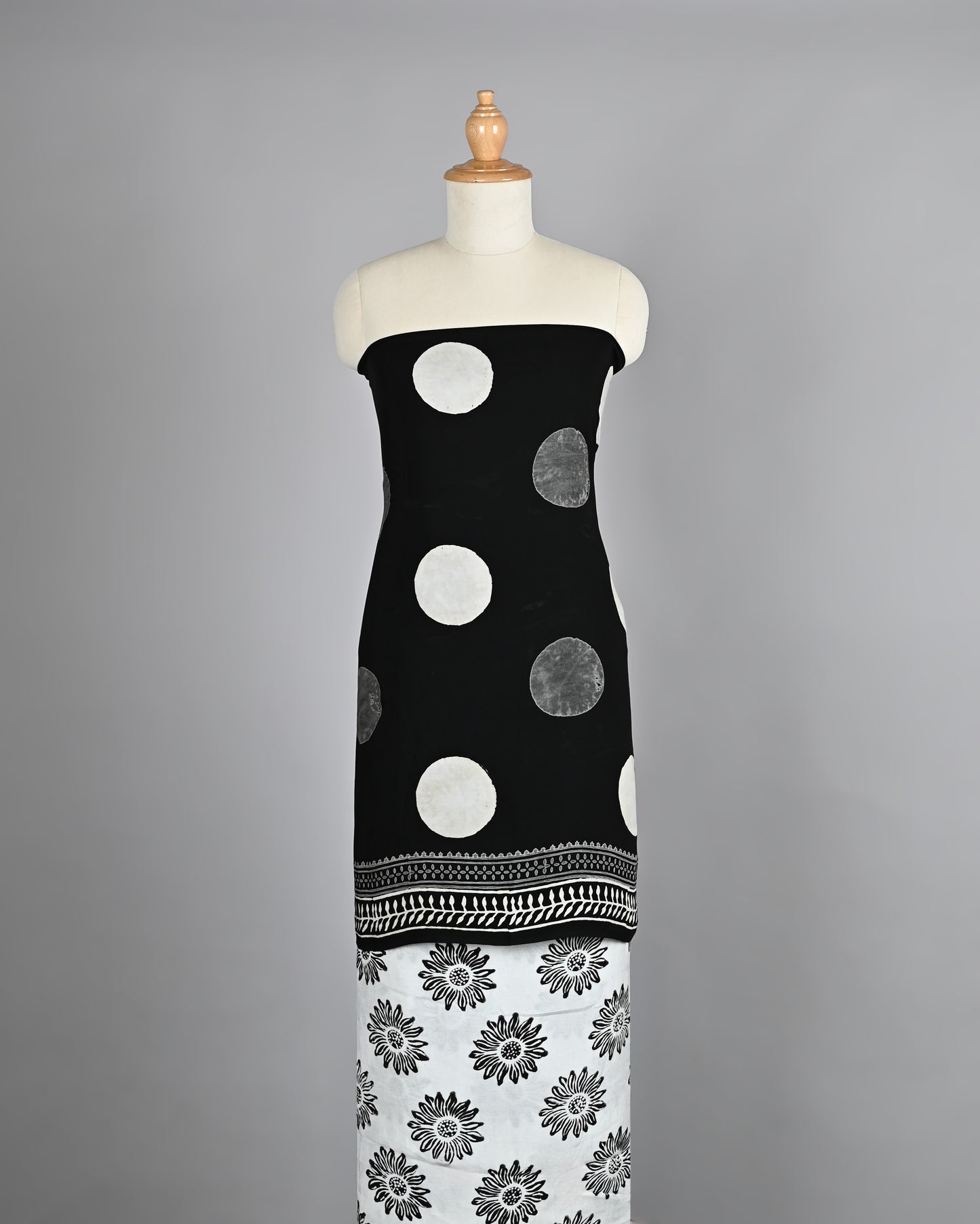 White and Silver Dots Ajrakh Printed Silk Suit