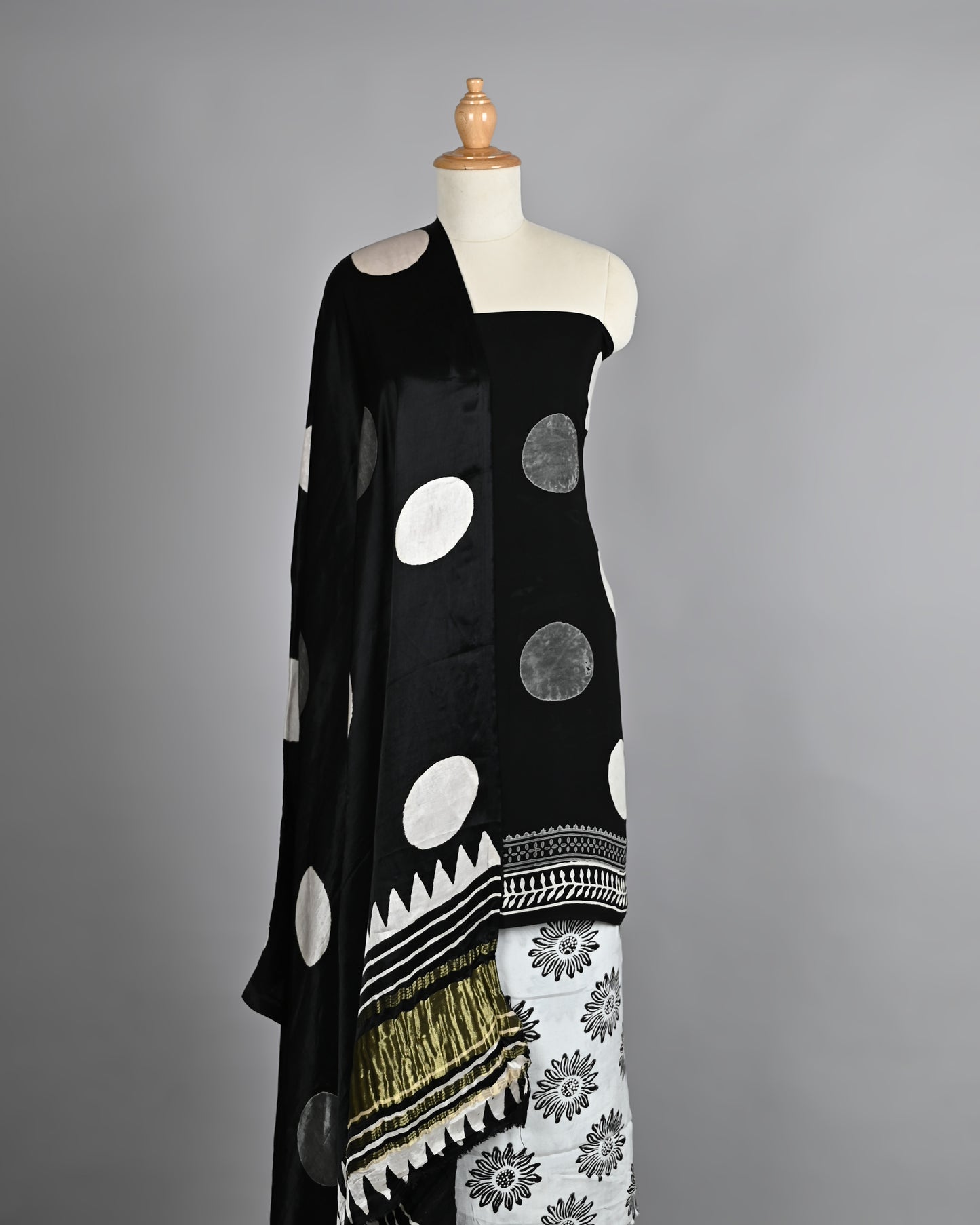 White and Silver Dots Ajrakh Printed Silk Suit