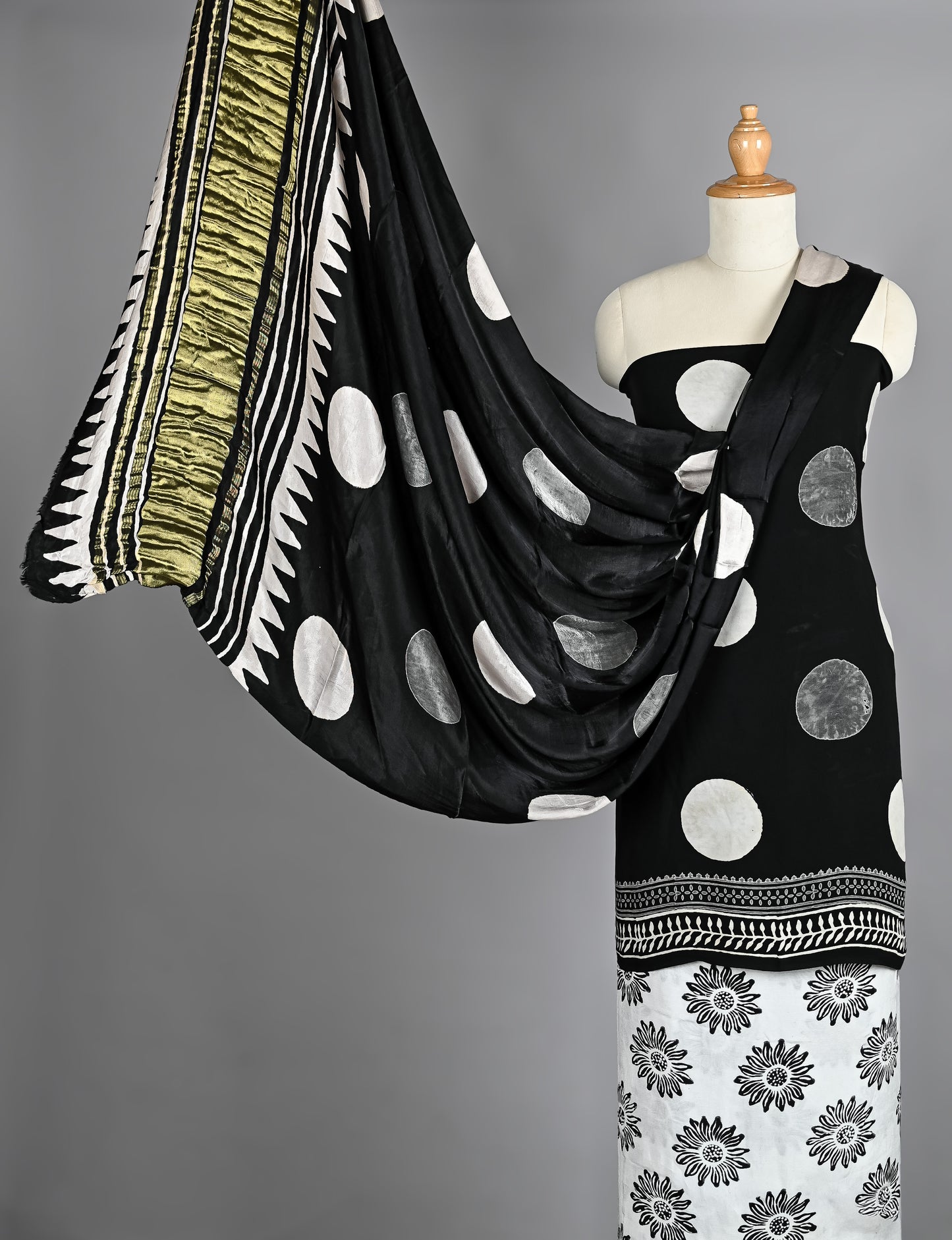 White and Silver Dots Ajrakh Printed Silk Suit