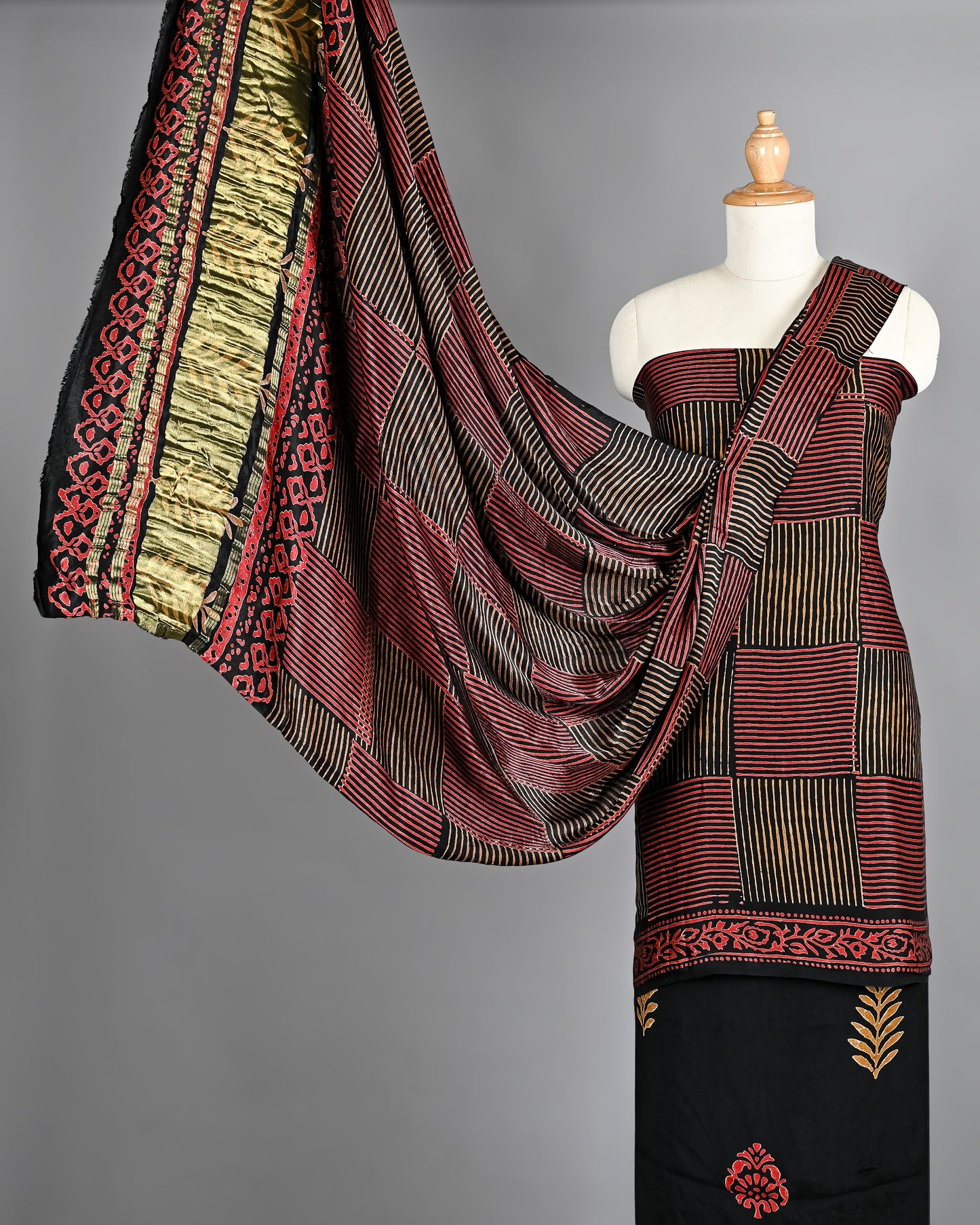 Red And Golden checkes Modal Silk Dress