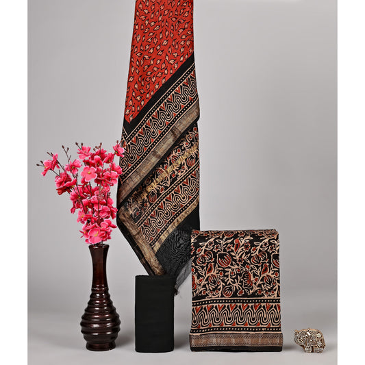Red and black ajrakh print maheshwari silk suit