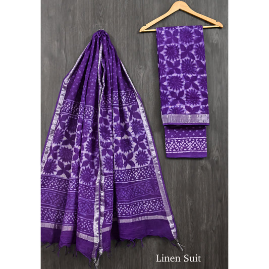 Block printed Linen Suit Blue