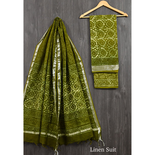Hand Block Printed linen suit Green floral