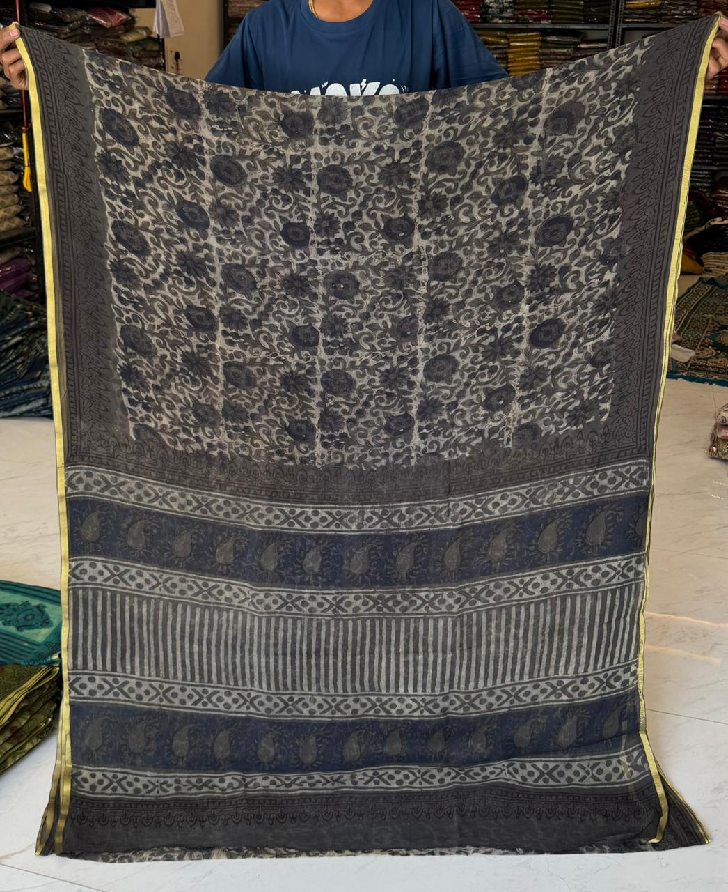 Elegant Ajrakh Block Print Chiffon Saree