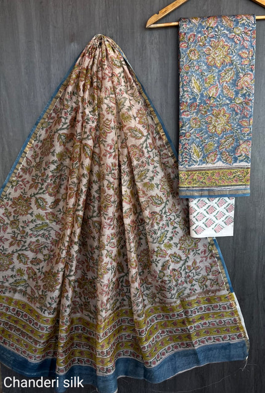 Luxury Bagru Handblock Chanderi Silk Suit