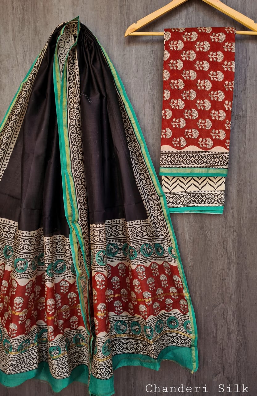 Exclusive Bagru Printed Chanderi Silk Ensemble