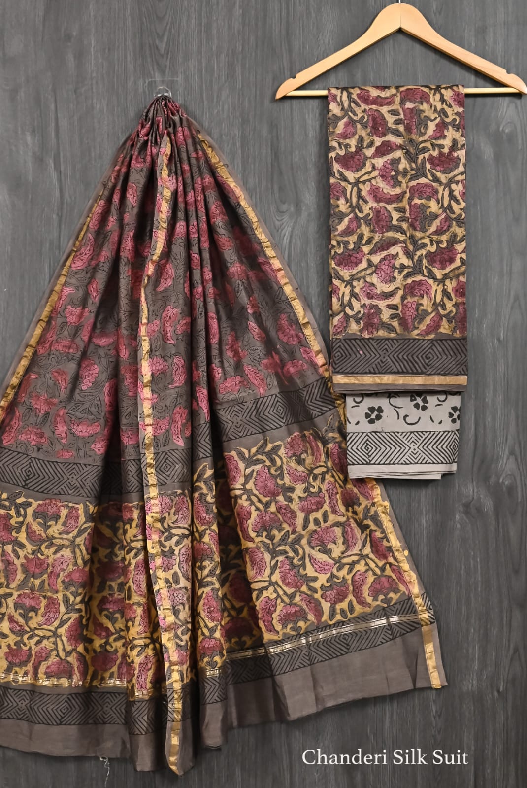 Artisan Ajrakh Pomegranate Dye Chanderi Silk Suit Set