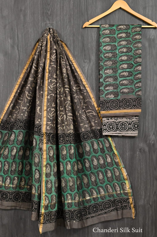 Elegant Ajrakh Handblock Print Chanderi Silk Attire
