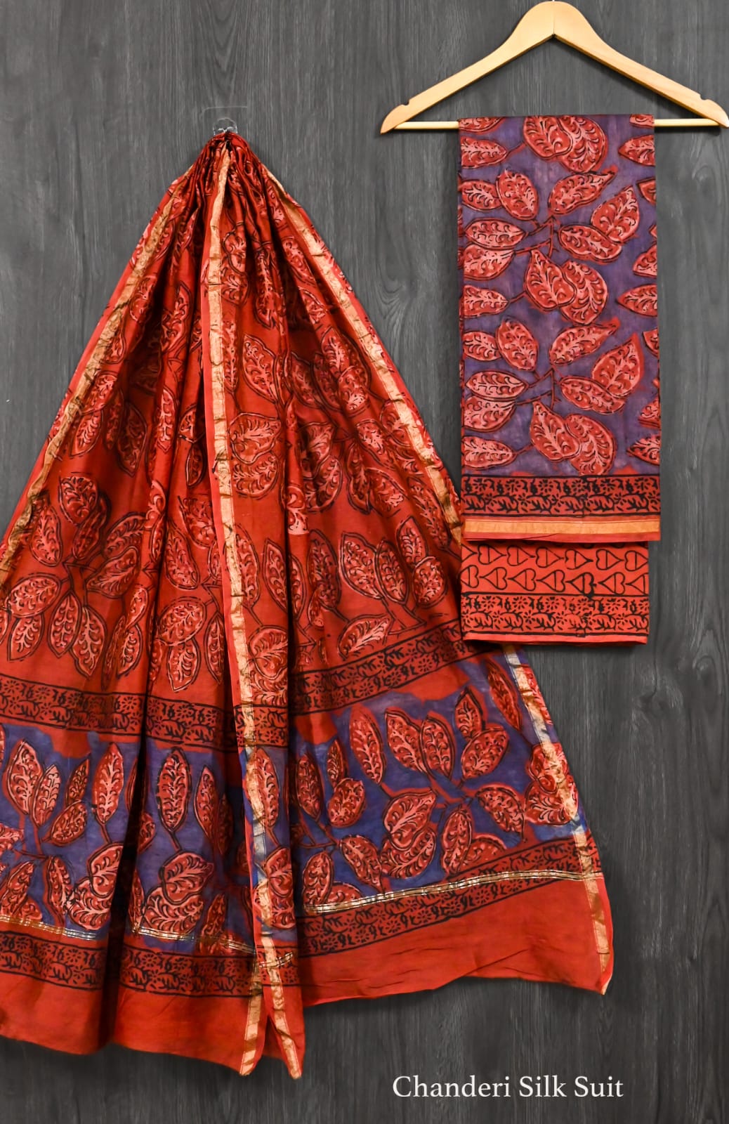 Heritage Ajrakh Handblock Print Pomegranate Dye Chanderi Silk Suit