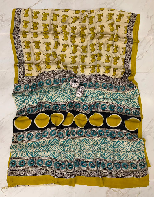 Mustard Bagru Print Pure Georgette Saree
