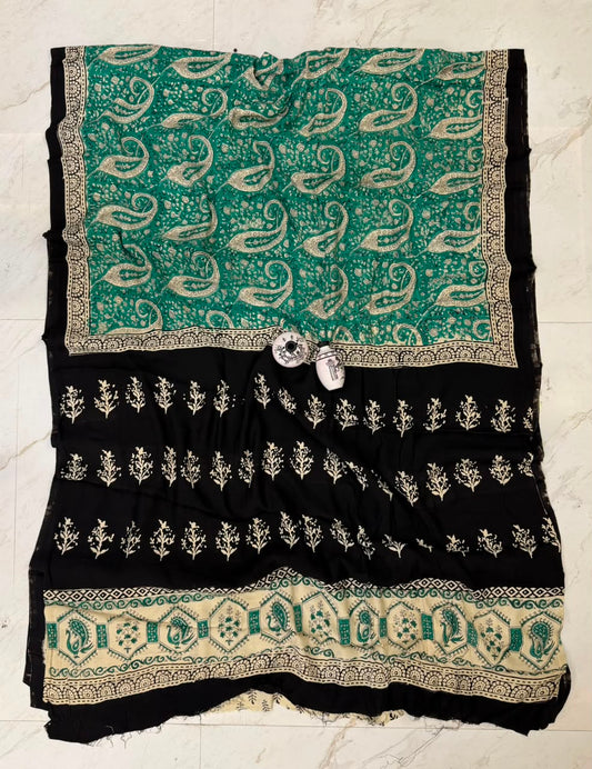 Green Bagru Print Pure Georgette Saree