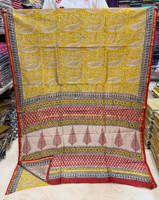 Bagru Handblock Print Chanderi Silk Saree Royal Paisley