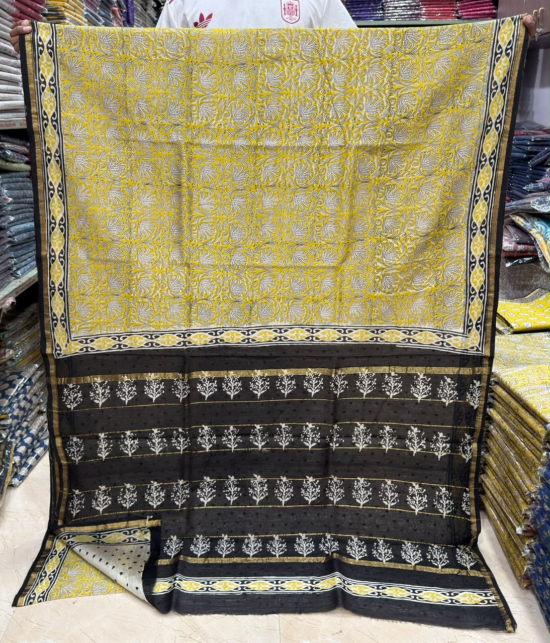 Bagru Handblock Print Chanderi Silk Saree Lotus Jaal
