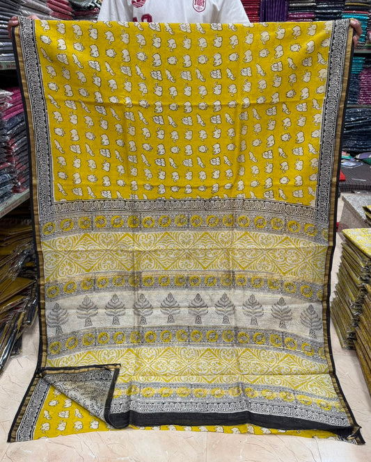 Bagru Handblock Print Chanderi Silk Saree Elephant Buti