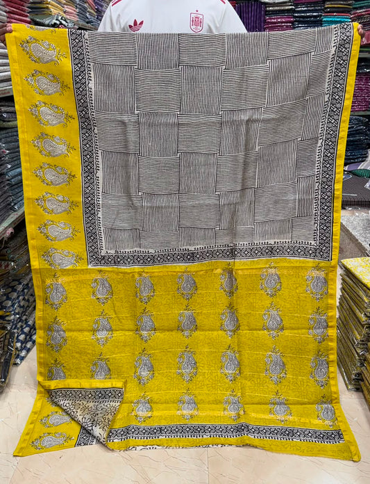 Classic Patchwork Bagru Handblock Print Chanderi Silk Saree