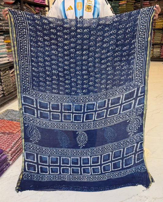 Indigo Dabu Paisley Pure Chiffon Saree