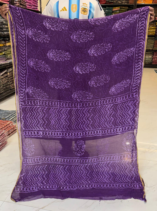 Violet Handblock Chiffon Saree