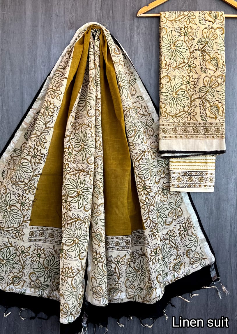 Pure Linen Cotton Suit Bagru Handcrafted Vine Print