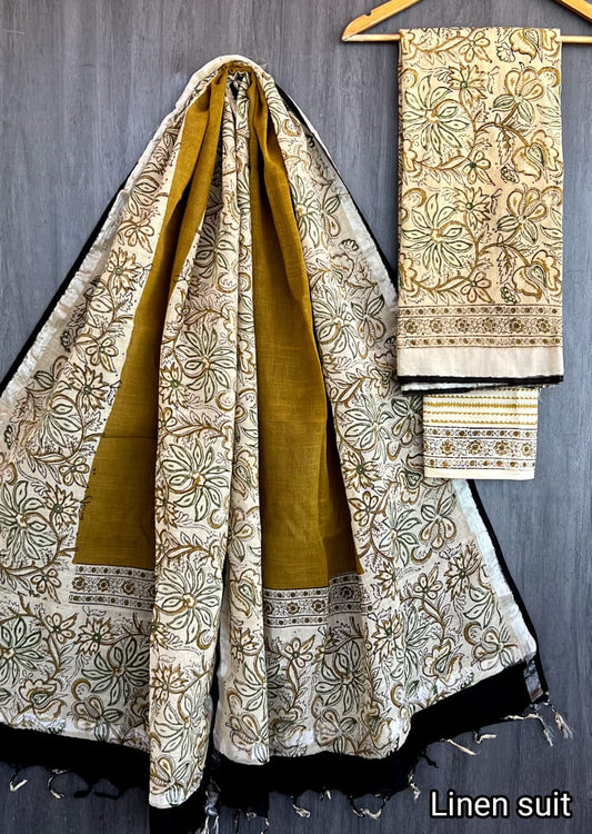 Pure Linen Cotton Suit Bagru Handcrafted Vine Print