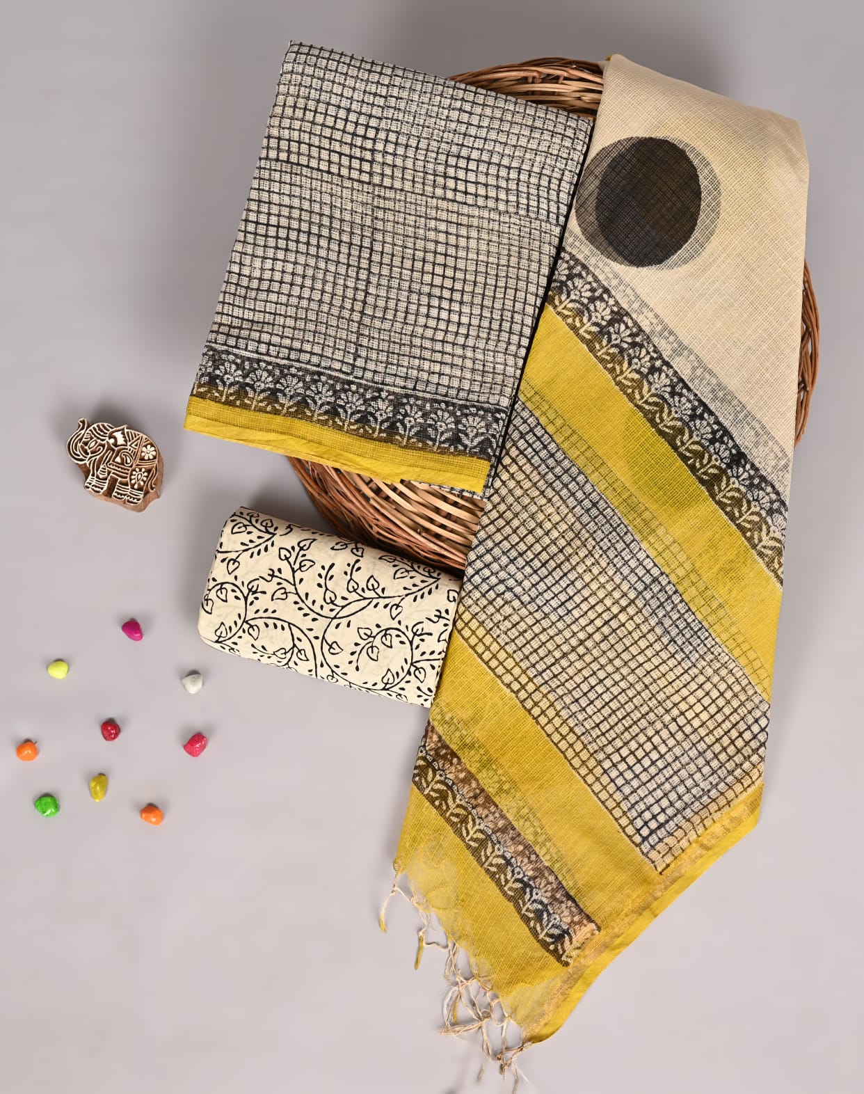 Pure Kota Doria Suit Ethnic Bagru Jaal Pattern